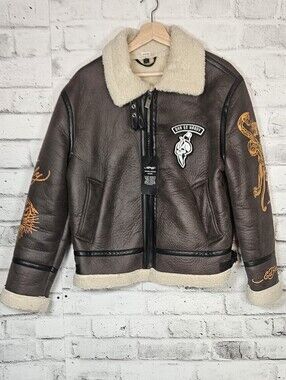 Ed Hardy Faux Shearling Aviator Jacket Brown Biker Moto Sherpa Small